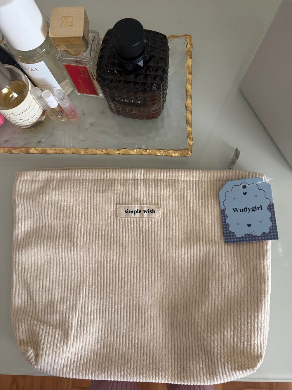 Simple Wish Cream Corduroy Cosmetic Pouch by Wudygirl